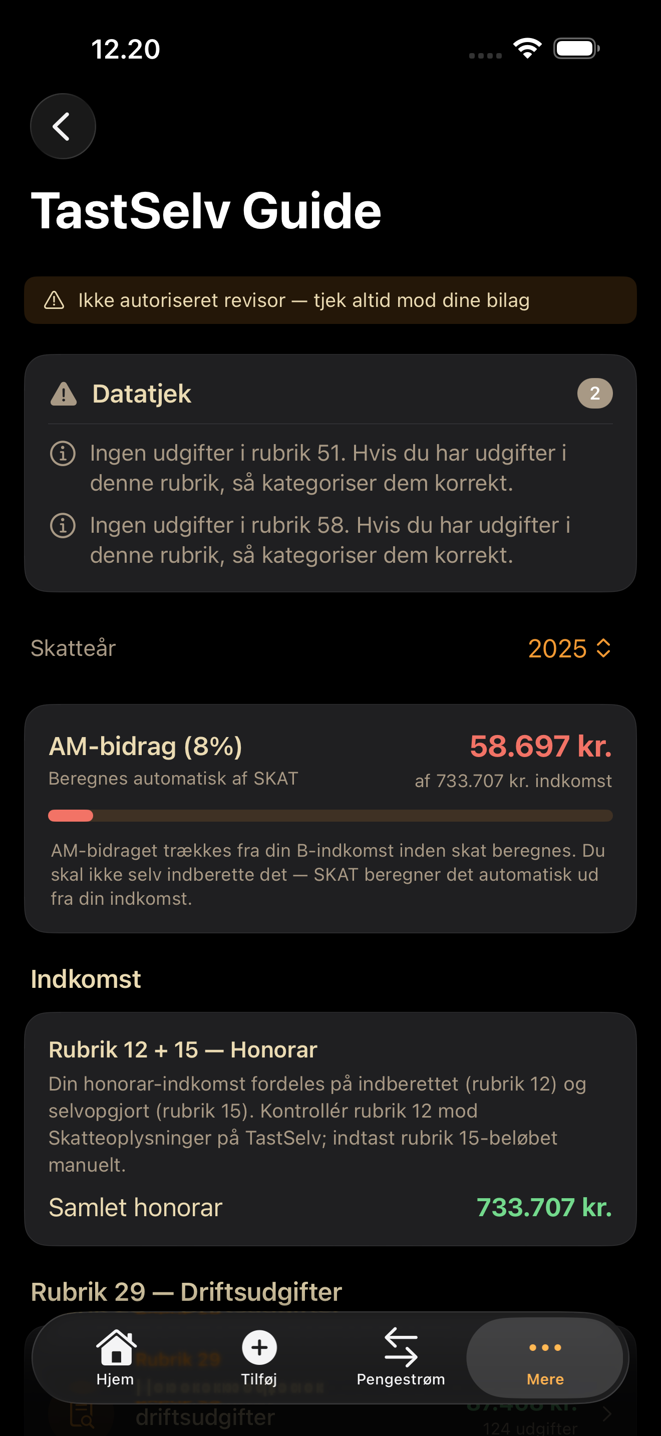 B·Indkomst TastSelv-guide: AM-bidrag 58.697 kr af 733.707 kr honorar-indkomst, Rubrik 12+15 mapping