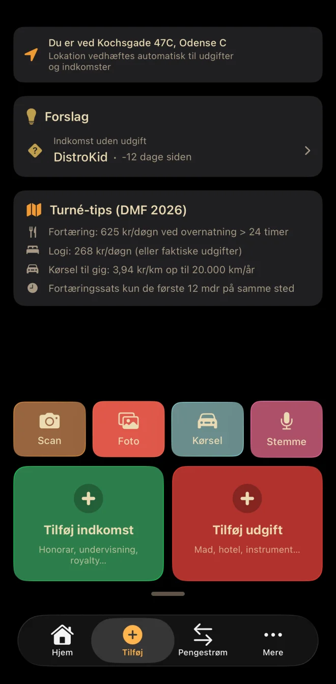 Fang-skærm med GPS-lokation i Odense, Turné-tips med DMF 2026-satser (fortæring 625 kr/døgn, logi 268 kr/døgn, kørsel 3,94 kr/km op til 20.000 km). Fire input-metoder: Scan, Foto, Kørsel, Stemme