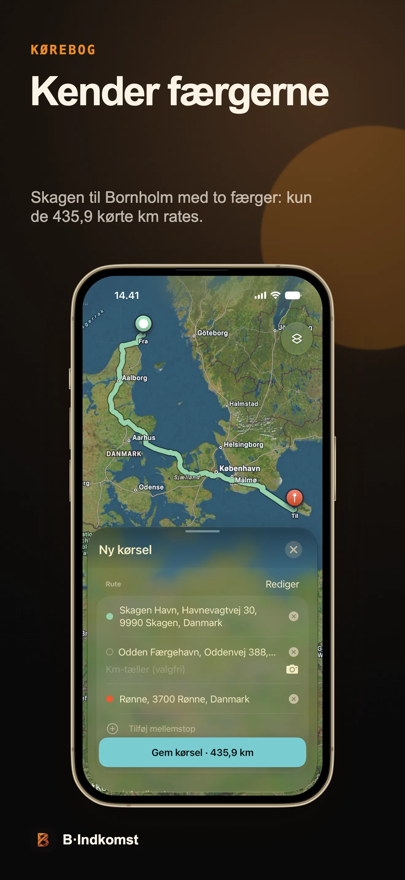 Ruteplanlægning fra Skagen til Rønne med færgeforslag og beregnet fradrag