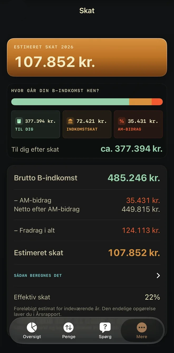 B·Indkomst viser et løbende skatteestimat og fordelingen mellem indtægt, udgift og skat
