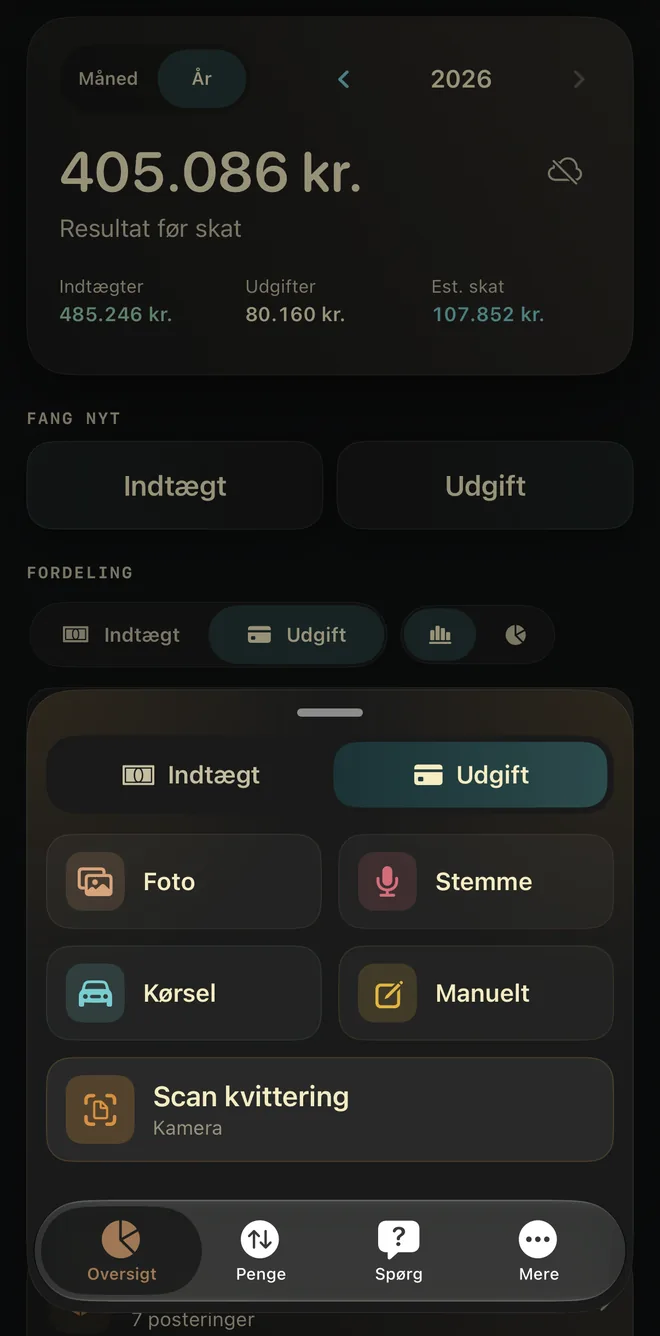 Fang-panelet i B·Indkomst med valg til scan, foto, stemme, kørsel og manuel registrering